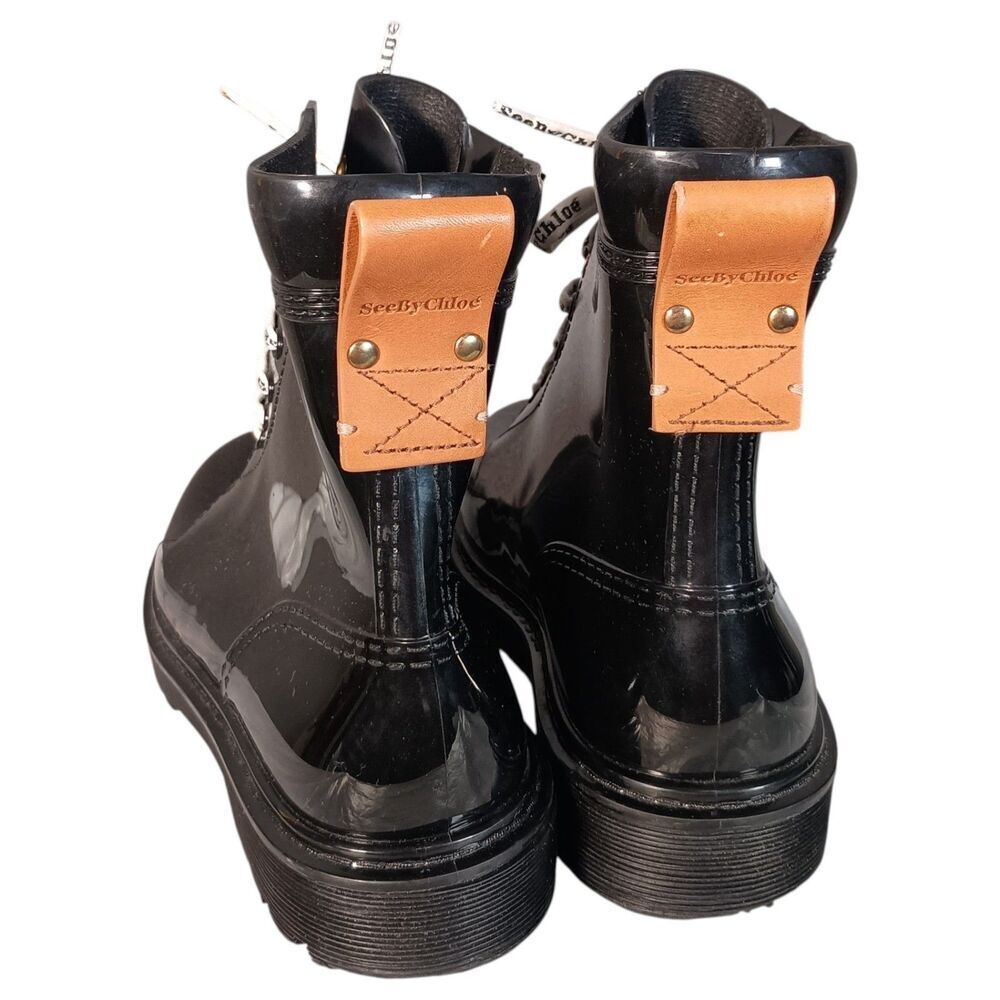 See By Chloe Combat Boots Women 40/US 10 Black Rubber Logo Lace Up - Picture 7 of 10